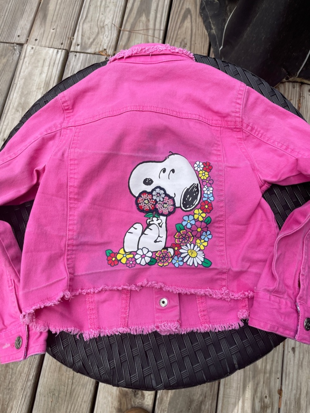 Peanuts Pink Girls' Denim Jacket with Embroidered Snoopy/Woodstock Size 6